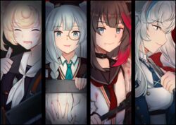  4girls animal_ears arknights axe bear_ears black_jacket blonde_hair blood blood_on_clothes blood_on_face blood_on_weapon blue_hair blue_headwear blue_necktie choker commentary english_commentary fur-trimmed_jacket fur_trim green_eyes grey_hair gummy_(arknights) hair_between_eyes hair_ornament highres holding holding_axe holding_weapon istina_(arknights) jacket kyomu_(7641) monocle multicolored_hair multiple_girls necktie rosa_(arknights) sailor_collar sailor_shirt school_uniform serafuku shirt smile spoilers weapon white_hair white_jacket white_sailor_collar zima_(arknights) 