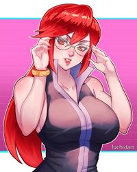  adjusting_eyewear artist_name bare_shoulders black_jacket breasts collarbone commentary english_commentary female fingernails glasses grin hair_between_eyes highres jacket large_breasts lips long_hair looking_at_viewer lorelei_(pokemon) luchidart parted_lips pink_lips pink_nails pokemon pokemon_frlg red_eyes red_hair sleeveless sleeveless_jacket smile solo very_long_hair 