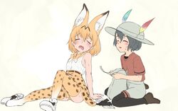  2girls animal_ears backpack bag bare_shoulders black_hair black_pantyhose blonde_hair blush boots bow bowtie brown_footwear cat_ears cat_girl cat_tail closed_eyes commentary_request extra_ears gloves grey_shorts hat_feather helmet high-waist_skirt highres kaban_(kemono_friends) kemono_friends loafers multiple_girls orange_bow orange_bowtie pantyhose pith_helmet print_skirt print_thighhighs red_shirt serval_(kemono_friends) serval_print shirt shoes short_hair short_sleeves shorts skirt sleeveless sweat sweatdrop t-shirt tail thighhighs traditional_bowtie two-tone_bowtie unworn_backpack unworn_bag unworn_gloves white_bow white_bowtie white_footwear white_shirt yakorou-san 