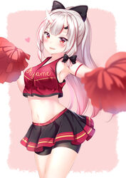  absurdres arm_strap armpits bare_shoulders bike_shorts black_skirt blurry bow breasts cheerleader clothes_writing cowboy_shot crop_top crop_top_overhang cursive fangs female gradient_hair hairbow heart highres holding holding_pom_poms hololive horns long_hair looking_at_viewer medium_breasts midriff miniskirt multicolored_hair nakiri_ayame nakiri_ayame_(streetwear) navel official_alternate_costume open_mouth outstretched_arm pom_pom_(cheerleading) ponytail red_eyes red_hair red_shirt shirt shorts shorts_under_skirt skin-covered_horns skirt sleeveless sleeveless_shirt smile solo stomach streaked_hair thighs virtual_youtuber white_hair yuano 