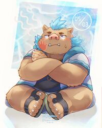  1boy animal_ears animal_nose bad_id bad_twitter_id blue_hair blush boar_boy boar_ears dated furry furry_male ganglie_(housamo) highres jewelry male_focus necklace pig_nose plump ragun_(lagoon_bluebear) sandals shadow sharp_toenails signature simple_background sitting slap_mark slap_mark_on_face solo sweatdrop tears thick_eyebrows toenails tokyo_afterschool_summoners tusks twitter_username white_background 