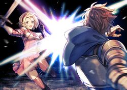  1boy armor blonde_hair blue_hoodie boots breastplate brown_hair commentary djeeta_(granblue_fantasy) dress duel female fighter_(granblue_fantasy) gauntlets gran_(granblue_fantasy) granblue_fantasy granblue_fantasy_versus hairband holding holding_sword holding_weapon hood hoodie kingyo_114 motion_blur open_mouth orange_eyes pink_dress short_hair shoulder_armor smile sword symbol-only_commentary thigh_boots thighhighs v-shaped_eyebrows weapon 