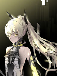  bare_shoulders black_background blonde_hair closed_mouth commentary_request cyborg female glitch glowing glowing_eyes gradient_background hair_between_eyes hair_ornament hair_ribbon long_hair looking_at_viewer nanami:_pulse_(punishing:_gray_raven) nanami:_pulse_(shooting_star)_(punishing:_gray_raven) nanami_(punishing:_gray_raven) ponytail punishing:_gray_raven ribbon sachiko_y sleeveless solo symbol-shaped_pupils upper_body v-shaped_eyebrows yellow_background yellow_eyes 