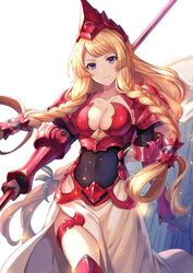  armor athena_(granblue_fantasy) black_gloves blonde_hair blue_eyes braid breasts chest_guard cleavage closed_mouth collarbone commentary covered_navel feet_out_of_frame female gloves granblue_fantasy hair_tubes headdress holding holding_polearm holding_weapon kingyo_114 long_hair looking_at_viewer polearm shield shoulder_armor small_breasts smile solo spear symbol-only_commentary tri_braids tri_tails vambraces weapon 