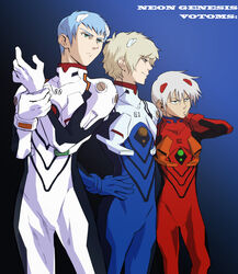  3boys ayanami_rei ayanami_rei_(cosplay) bad_id bad_pixiv_id blonde_hair blue_eyes blue_hair chirico_cuvie commentary_request copyright_name cosplay crossover fubuki_(fakemonkey0224) glenborash_droka_zaki green_eyes grey_hair hand_on_own_hip highres ikari_shinji ikari_shinji_(cosplay) multiple_boys neon_genesis_evangelion painttool_sai_(medium) photoshop_(medium) plugsuit soukou_kihei_votoms soukou_kihei_votoms:_pailsen_files souryuu_asuka_langley souryuu_asuka_langley_(cosplay) yellow_eyes ypsilon 