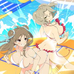  2girls absurdres ahoge armlet ass ass-to-ass ass_press back-to-back bangle bikini blush bracelet breasts brown_eyes brown_hair butt_crack cleavage clenched_teeth collarbone double_bun earrings glasses green_eyes grin hair_bun highres hip_attack holding holding_clothes holding_swimsuit imu_(senran_kagura) jewelry large_breasts light_brown_hair long_hair looking_back multiple_girls official_art parted_bangs platform pool red_bikini renka_(senran_kagura) ribbon senran_kagura senran_kagura_estival_versus senran_kagura_new_link senran_kagura_shinovi_versus short_hair short_twintails shoulder_blades side-tie_bikini_bottom smile string_of_flags swimsuit teeth third-party_source twintails water waves white_bikini white_ribbon yaegashi_nan 