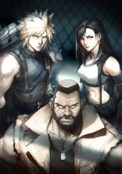  2boys armor bare_shoulders barret_wallace black_eyes black_gloves black_hair black_shirt black_skirt black_sports_bra blonde_hair blue_hair breasts brown_vest buster_sword closed_mouth cloud_strife collarbone crop_top dark-skinned_male dark_skin dog_tags elbow_gloves english_commentary facial_hair female final_fantasy final_fantasy_vii final_fantasy_vii_remake gloves hair_behind_ear highres indoors long_hair looking_at_viewer medium_breasts midriff multiple_boys red_eyes scar scar_on_face serious shirt short_hair shoulder_armor single_bare_shoulder skirt sleeveless sleeveless_turtleneck spiked_hair sports_bra spykeee suspender_skirt suspenders sweater swept_bangs tank_top tifa_lockhart turtleneck turtleneck_sweater twitter_username upper_body vest watermark weapon weapon_on_back white_tank_top 