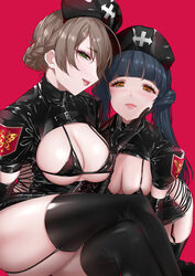  2girls bikini black_bikini black_hair blush braid breasts brown_hair cleavage commentary_request elbow_gloves enamel_leather_dark_nurse garter_straps gloves green_eyes half-closed_eyes hat highres idolmaster idolmaster_million_live! kitakami_reika large_breasts latex latex_bikini latex_gloves looking_at_viewer maou_(demonlord) medium_breasts multiple_girls nurse nurse_cap orange_eyes parted_bangs parted_lips red_background sakuramori_kaori swimsuit thighhighs 