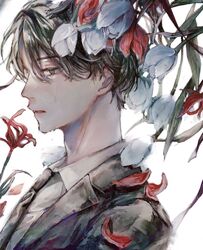  1boy absurdres brown_eyes brown_hair crying crying_with_eyes_open flower formal highres looking_down male_focus original orokudesu petals profile red_flower red_tulip short_hair sidelocks solo spider_lily suit tears tulip white_background white_flower white_tulip 