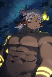  1boy abs animal_ears arm_tattoo arms_at_sides asymmetrical_horns bara completely_nude cow_boy cow_ears cow_horns dark-skinned_male dark_skin expressionless eye_black facial_hair fiery_horns forked_eyebrows glowing_horns glowing_tattoo goatee grey_hair groin haishiba_ame horns large_pectorals long_hair looking_at_viewer low_ponytail male_focus mismatched_horns muscular muscular_male night night_sky nipples nude out-of-frame_censoring pectorals penis_out_of_frame sideburns_stubble sky solo spiked_hair star_(sky) starry_sky stomach strongman_waist stubble tattoo thick_eyebrows tokyo_afterschool_summoners tribal tribal_tattoo turning_head wakan_tanka wakan_tanka_mugen 