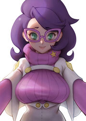  blush breasts closed_mouth commentary_request daidai_(gz9617) female glasses green_eyes highres large_breasts looking_at_viewer medium_hair pokemon pokemon_sm purple-framed_eyewear purple_hair smile solo sweater swept_bangs taut_clothes taut_sweater turtleneck turtleneck_sweater upper_body wicke_(pokemon) 