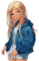  :o aqua_eyes blonde_hair cowboy_shot dark-skinned_female dark_skin drawstring dress female highres idolmaster idolmaster_cinderella_girls jacket kakaobataa layla_(idolmaster) long_hair looking_at_viewer open_clothes open_jacket open_mouth simple_background solo sweater sweater_dress white_background 