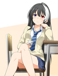  1boy absurdres arm_support bare_legs beige_background bellezza_felutia black_hair blue_eyes blue_necktie blue_skirt blush breasts cellphone chair closed_mouth collarbone commentary crossdressing crossed_legs diagonal_stripes felutiahime frown hair_between_eyes heterochromia highres holding holding_phone long_hair long_sleeves looking_at_viewer male_focus miniskirt multicolored_hair necktie original otoko_no_ko phone pleated_skirt red_eyes school_uniform shirt simple_background sitting skirt smartphone solo striped striped_necktie sweatdrop table two-tone_hair white_background white_hair white_shirt 