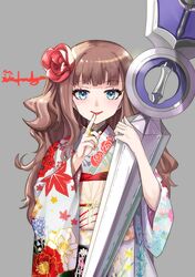  assault_lily blue_eyes brown_hair cover female flower hair_flower hair_ornament highres japanese_clothes jewelry kaede_johan_nouvel kimono lipstick long_hair makeup nail_polish ring solo wavy_hair weapon wednesday_(starsilver) 