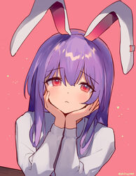  :&lt; ainy animal_ears bad_id bad_twitter_id blush closed_mouth commentary female hands_on_own_chin highres long_hair long_sleeves looking_at_viewer one-hour_drawing_challenge pink_background purple_hair rabbit_ears rabbit_girl red_eyes reisen_udongein_inaba shirt simple_background solo teeth touhou twitter_username upper_body upper_teeth_only white_shirt 