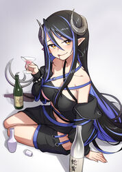  :q bandeau belt black_bandeau black_belt black_hair black_jacket black_skirt blue_belt blue_hair blush bottle breasts brown_eyes cherry chest_belt choko_(cup) cleavage closed_mouth cocktail_glass commentary_request cup curled_horns demon_girl demon_horns demon_tail drinking_glass dripping female food fruit full_body grey_background grey_horns hair_between_eyes hebiyoi_tier hebiyoi_tier_(1st_costume) heebee holding holding_cup horns jacket large_breasts long_bangs long_hair long_sleeves looking_at_viewer martini multicolored_hair nanashi_inc. navel off_shoulder open_clothes open_jacket pointy_ears sake_bottle sidelocks simple_background sitting skirt smile solo tail tokkuri tongue tongue_out two-tone_hair very_long_hair virtual_youtuber yokozuwari 