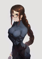  arms_under_breasts braid braided_ponytail breast_hold breasts brown_eyes brown_hair collarbone crossed_arms dress earrings fate/grand_order fate_(series) female glasses highres jewelry long_hair medium_breasts mori_yashiro_(konkon_oyashiro) simple_background sneer solo very_long_hair white_background yu_mei-ren_(fate) yu_mei-ren_(first_ascension)_(fate) 