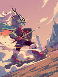  absurdres alternate_costume alternate_universe armor bad_id bad_pixiv_id belt black_legwear blue_eyes blue_hair boots braid brick_st cape castle chinese_commentary clenched_teeth cloud commentary female fighting_stance from_below gloves green_footwear helmet highres hilda_(hilda) hilda_(series) knight long_hair multicolored_footwear red_footwear red_gloves shield signature skirt solo sunset sword teeth weapon 