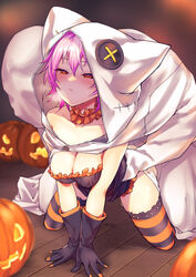  1boy all_fours blush breasts choker cleavage cloak collarbone commentary_request female frills full_body gloves halloween halloween_costume heavy_breathing highres hood hooded_cloak jack-o&#039;-lantern kantai_collection long_sleeves looking_at_viewer off_shoulder official_alternate_costume pink_hair pumpkin purple_hair rampage_2nd red_eyes short_hair solo_focus stealth_sex straight striped_clothes striped_thighhighs sweatdrop tama_(kancolle) thighhighs white_cloak 