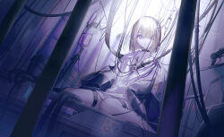  android cable choker chromatic_aberration dutch_angle female grey_eyes hair_over_one_eye highres intravenous_drip original science_fiction sitting solo unbuttoned unbuttoned_shirt utaite wariza white_hair yoggi_(stretchmen) 