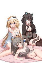  3girls :d absurdres ahoge animal_ears baiyin_(sif123456) bare_shoulders bear_ears black_nightgown blonde_hair blue_eyes blush breasts brown_hair calabiyau collarbone garter_straps hair_between_eyes hair_ornament highres kokona_(calabiyau) large_breasts long_hair looking_at_viewer lying medium_breasts michele_(calabiyau) multiple_girls navel nightgown open_mouth panties see-through sitting small_breasts smile strap_pull strap_slip stuffed_animal stuffed_toy teddy_bear thighhighs underwear yellow_eyes yvette_(calabiyau) 