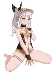  absurdres azur_lane bare_legs bare_shoulders barefoot between_legs black_panties black_ribbon blush breasts character_name commentary_request dress female full_body hair_ribbon hand_between_legs hand_on_own_chest hand_up highres long_hair looking_at_viewer midriff navel panties ribbon see-through see-through_midriff short_dress side_ponytail sleeveless sleeveless_dress slit_pupils small_breasts smile solo spread_legs thighs two-tone_dress u-96_(azur_lane) u-96_(wolfen_dolly)_(azur_lane) underwear upskirt visor_cap white_hair xin_sanmu yellow_eyes zipper_pull_tab 