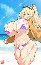  abs barghest_(fate) barghest_(swimsuit_archer)_(fate) barghest_(swimsuit_archer)_(final_ascension)_(fate) barghest_(swimsuit_archer)_(first_ascension)_(fate) beach bikini blonde_hair blue_sky blush breasts cleavage fate/grand_order fate_(series) female green_eyes high_ponytail highres horns huge_breasts long_hair looking_at_viewer momohara_rile multicolored_bikini multicolored_clothes muscular muscular_female navel open_mouth shirt shore short_sleeves sidelocks sky smile solo swimsuit thick_thighs thighs white_bikini yellow_shirt 