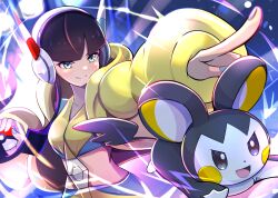  absurdres aqua_eyes black_hair blunt_bangs buckle closed_mouth commentary_request elesa_(pokemon) emolga female headphones highres holding holding_poke_ball hood hooded_jacket jacket long_sleeves nail_polish open_clothes open_jacket pointing poke_ball poke_ball_(basic) pokemon pokemon_(creature) pokemon_bw2 short_hair_with_long_locks sidelocks smile split_mouth yellow_jacket yodakeke 