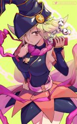  bare_shoulders black_dress blonde_hair blush breasts cellphone cellphone_charm cellphone_strap charm_(object) cowboy_shot detached_sleeves dress duel_monster female gagaga_girl hat highres hsin large_breasts long_hair looking_at_viewer phone red_eyes skull solo twitter_username wizard_hat yu-gi-oh! yu-gi-oh!_zexal 