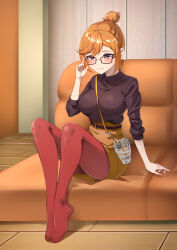  absurdres adjusting_eyewear arm_support black-framed_eyewear blush breasts buttons closed_mouth collared_shirt comb commentary_request couch female full_body glasses hair_between_eyes hair_bun hand_on_eyewear highres indoors legs long_sleeves love_live! love_live!_superstar!! medium_breasts medium_hair no_shoes on_couch orange_hair orange_skirt pantyhose purple_eyes red_pantyhose scissors shadow shibuya_kanon shirt shirt_tucked_in sidelocks single_hair_bun sitting skirt solo yzlkun 