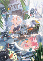  &gt;_&lt; 2girls absurdres animal_ear_fluff animal_ears apron barefoot bath bathtub bikini black_bikini blunt_bangs cake cherry cup curtains drink english_commentary flower_pot food frilled_hairband frills from_above fruit green_bikini hairband hand_fan highres hoji_(hooooooooji1029) holding holding_cup holding_fan holding_food ice_cream indoors light_blush long_hair lotion_bottle lying maid multiple_girls on_back open_mouth original pale_skin palms parted_bangs pink_hair plate ponytail robot rubber_duck shampoo_bottle sidelocks skirt soap_bubbles summer sunlight swimsuit teeth towel twintails upper_teeth_only white_apron white_hairband white_skirt yellow_eyes 