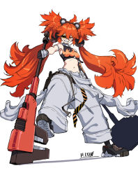  adjustable_wrench ahoge animal_ears armlet armpits baggy_pants bare_shoulders bear_ears black_footwear black_gloves black_socks clothes_around_waist commentary_request dutch_angle eyepatch fake_animal_ears female flame_print from_below gloves grin hair_between_eyes hammer highres holding holding_hammer holding_wrench ishii_hisao jacket jacket_around_waist jewelry koleda_belobog long_hair midriff navel orange_eyes orange_hair pants revision sharp_teeth shoes sleeveless smile sneakers socks solo stomach teeth toned_female tsurime v-shaped_eyebrows very_long_hair white_jacket white_pants wrench zenless_zone_zero 