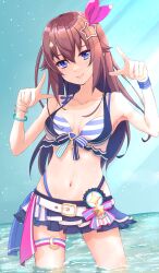  absurdres ahoge belt bikini bikini_skirt bikini_under_clothes bikini_under_shorts blue_bikini blue_eyes breasts brown_hair cleavage female front-tie_bikini_top front-tie_top hair_between_eyes hair_flaps hair_ornament hairclip hands_up highleg highleg_bikini highres hololive hololive_summer_2023_swimsuit laflam1n layered_bikini long_hair medium_breasts multicolored_bikini multicolored_clothes navel ocean official_alternate_costume smile solo star_(symbol) star_hair_ornament striped_bikini striped_clothes swimsuit thigh_belt thigh_strap tokino_sora two-tone_bikini virtual_youtuber wading wet white_belt wristband 