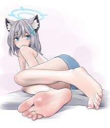  absurdres animal_ear_fluff animal_ears bare_shoulders barefoot blue_archive blue_eyes blue_halo blue_shorts blush cross_hair_ornament extra_ears feet female foot_focus greek_toe grey_hair hair_ornament halo highres looking_at_viewer lying medium_hair mismatched_pupils on_side shiroko_(blue_archive) shirow_(mha03133) shorts soles solo sweat sweaty_clothes toenails toes wolf_ears 