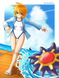  absurdres blonde_hair blue_jacket breasts cloud collarbone commentary_request covered_navel day female green_eyes highres jacket kasumi_(pokemon) lapras medium_hair one-piece_swimsuit open_clothes open_jacket outdoors pier pokemon pokemon_hgss sandals sherufu_(natashelves) silhouette sky smile standing starmie swimsuit teeth toes water white_footwear white_one-piece_swimsuit 