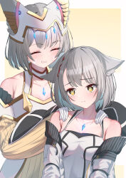  2girls absurdres animal_ear_fluff animal_ears blush breasts camisole cat_ears chest_jewel cleavage ear_covers eteko_(eteco30) facial_mark gloves grey_hair hands_on_another&#039;s_shoulders highres jacket mio_(xenoblade) mother_and_daughter multiple_girls nia_(xenoblade) short_hair smile upper_body whisker_markings white_camisole white_gloves white_jacket xenoblade_chronicles_(series) xenoblade_chronicles_3 yellow_eyes 