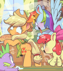  apple_bloom_(mlp) applejack_(mlp) blue_body blush clothing cowboy_hat dragon equid equine female freckles friendship_is_magic green_eyes group hasbro hat headgear headwear horse jirousan male mammal my_little_pony mythological_creature mythological_equine mythological_scalie mythology open_mouth pegasus pie_(food) pony rainbow_dash_(mlp) scalie sibling_(lore) sister_(lore) sisters_(lore) spike_(mlp) window wings 