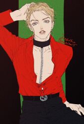  1boy aegyo_sal arm_up belt black_belt black_collar black_pants blonde_hair blue_eyes chain_leash chains collar collarbone earrings eyeshadow hagiko15 hand_in_own_hair highres jewelry jojo_no_kimyou_na_bouken leash long_sleeves makeup male_focus open_clothes open_shirt outside_border pants parted_lips partially_unbuttoned pillarboxed pink_lips prosciutto red_shirt ring shirt shirt_tucked_in solo vento_aureo 