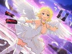  :3 angel_wings antenna_hair arm_garter bare_shoulders beach blonde_hair blue_eyes blush boots breasts cleavage collarbone dawn dress dual_wielding feathered_wings feathers female finger_on_trigger forest frilled_dress frills front-seamed_legwear garter_straps gem gloves gold_trim gradient_sky green_eyes gun hair_between_eyes handgun heterochromia holding holding_gun holding_weapon jewelry lake large_breasts lens_flare looking_at_viewer mountain mountainous_horizon multiple_weapons nature necklace official_art open_mouth pearl_(gemstone) pearl_necklace pink_sky plant ribbon rock ryouna_(senran_kagura) sand seamed_legwear senran_kagura senran_kagura_new_link senran_kagura_shinovi_versus shore short_hair sky smile solo standing star_(sky) starry_sky sunburst sunlight sunrise thighhighs tiara tongue tree water water_drop waves weapon white_dress white_feathers white_footwear white_garter_straps white_gloves white_ribbon white_thighhighs wings yaegashi_nan 