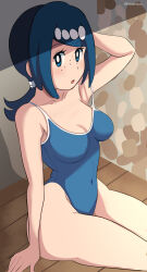  :o alternate_costume arm_support blue_eyes blue_hair blue_one-piece_swimsuit breasts bright_pupils cleavage collarbone commentary covered_navel eyelashes female freckles hand_up highres lana&#039;s_mother_(pokemon) long_hair one-piece_swimsuit open_mouth pabsmikan pokemon pokemon_(anime) pokemon_sm_(anime) ponytail shadow sitting solo swimsuit thighs watermark white_pupils 