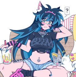  ? animal_ears arm_behind_head bandaid bandaid_on_face bandaid_on_nose belly bench black_collar black_shirt black_socks blue_eyes blue_hair breasts cat_ears collar commentary_request crocs crop_top cropped_shirt digital_media_player earphones feline female fingernails game_boy gloves hairband handheld_game_console highres indie_virtual_youtuber jewelry lady_beemer lady_beemer_(vtuber) medium_breasts midriff navel navel_piercing necklace oerba_yun_fang piercing scar scar_on_leg sharp_fingernails shirt short_shorts shorts sitting socks solo spiked_hairband spikes spoken_question_mark striped_clothes striped_gloves t-shirt torn_clothes torn_shirt wcdonald&#039;s 