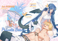  1boy abs alternate_costume asymmetrical_wings bare_shoulders bikini blonde_hair blue_eyes blue_hair breasts cleavage dizzy_(guilty_gear) female guilty_gear guilty_gear_strive hair_ribbon hair_rings highres honey_dogs husband_and_wife ky_kiske lap_pillow large_breasts long_hair navel pectorals red_eyes ribbon short_hair single_thighhigh swimsuit tail tail_ornament tail_ribbon thighhighs topless_male twintails wings yellow_ribbon 