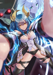  1boy 2girls black_panties black_thighhighs blue_hair blurry blurry_foreground breasts cleavage dizzy_(guilty_gear) glowing glowing_eyes green_eyes grey_hair guilty_gear highres hood hood_up large_breasts long_hair multiple_girls necro_(guilty_gear) panties reaching reaching_towards_viewer red_eyes skeleton strail_cycleman thighhighs underwear undine_(guilty_gear) vest white_vest 