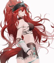  animal_ears arknights arm_warmers ass bare_shoulders black_choker breasts choker cowboy_shot female head_scarf highres large_breasts long_hair looking_at_viewer lr_(noisulcnoc) midriff narantuya_(arknights) pink_eyes red_hair simple_background solo standing very_long_hair white_background 