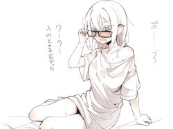  asutora asutora-chan black-framed_eyewear blue_eyes blush female glasses medium_hair off_shoulder open_mouth original shirt short_sleeves simple_background solo sweat sweaty_clothes translation_request white_background white_hair white_shirt 