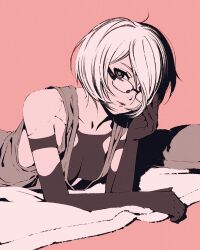  a2_(nier:automata) armrest bare_shoulders black_gloves black_shirt bob_cut breasts brown_dress closed_mouth commentary dress elbow_gloves eyelashes female from_side futon glasses gloves grey_eyes hair_over_one_eye hairband head_rest looking_at_viewer looking_to_the_side lying medium_breasts moshimoshibe nier:automata nier_(series) on_bed on_stomach paper_texture pillow pink_background pink_lips plunging_neckline rectangular_eyewear rimless_eyewear shirt short_hair simple_background sleeveless sleeveless_dress sleeveless_shirt solo white_hairband 