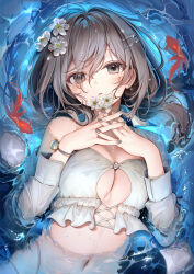  blush breasts cleavage cleavage_cutout clothing_cutout commentary_request crop_top female fingernails flower grey_eyes grey_hair grey_nails hair_between_eyes hair_flower hair_ornament hairclip highres koi kouyafu large_breasts long_hair long_sleeves looking_at_viewer lying_on_water nail_polish navel original solo 