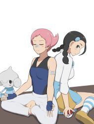  2girls bandaid bandaid_on_arm bandaid_on_face bandaid_on_nose barefoot black_hair blue_bodysuit blue_gloves blush bodysuit candice_(pokemon) closed_eyes closed_mouth commentary_request fingerless_gloves gloves highres holding holding_poke_ball ko_c maylene_(pokemon) meditation meditite multi-tied_hair multiple_girls pants pink_hair poke_ball poke_ball_(basic) pokemon pokemon_dppt shirt shoes short_hair sitting skirt smile socks striped_clothes striped_socks twintails white_background white_pants white_shirt 