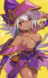  apprentice_illusion_magician bare_shoulders breasts choker cleavage collarbone cowboy_shot dark-skinned_female dark_skin duel_monster earrings female grey_hair hair_between_eyes hat highres hsin jewelry large_breasts long_hair looking_at_viewer red_eyes smile solo tongue tongue_out twitter_username v wizard_hat yellow_background yu-gi-oh! 