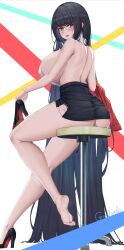  absurdly_long_hair absurdres alvitr_(azur_lane) alvitr_(muspel&#039;s_torrid_secrets)_(azur_lane) ass azur_lane backless_shirt barefoot black_hair blunt_bangs breasts female from_behind grayfoxpochi high_heels highres holding holding_shoes huge_breasts long_hair office_lady official_alternate_costume pencil_skirt rimless_eyewear shirt shoes sideboob sideboob_cutout sideless_shirt single_shoe sitting skirt sleeveless sleeveless_shirt stool thighs toes underbutt unworn_shoes very_long_hair 